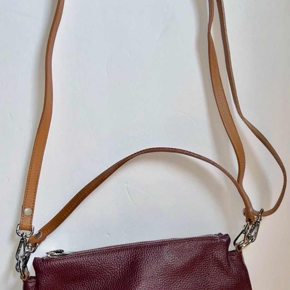 Valentina Women's Burgundy Leather Crossbody Bag with Tan Strap - Picture 6 of 10